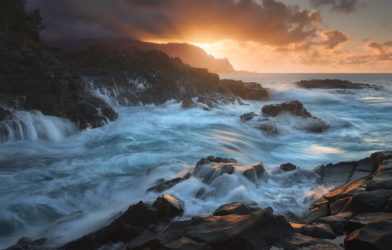 Photo wallpaper sea, wave, sunset, storm, shore, waterfalls