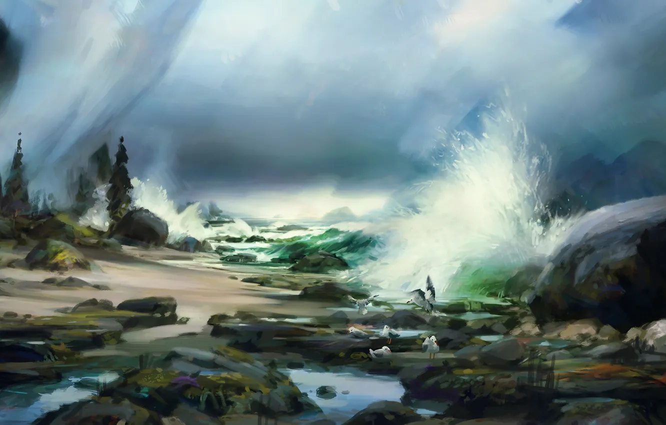 Photo wallpaper sea, trees, stones, rain, wave, seagulls, surf, painted landscape