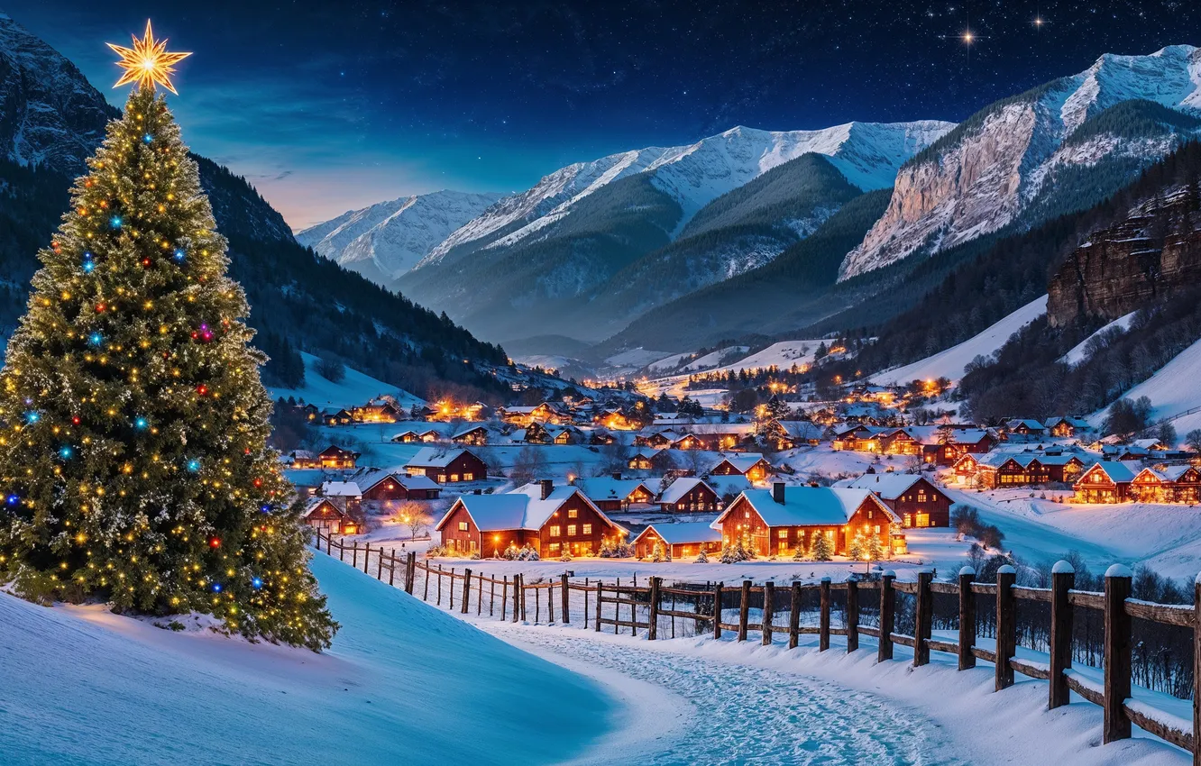 Photo wallpaper winter, snow, mountains, holiday, tree, new year, village, Christmas
