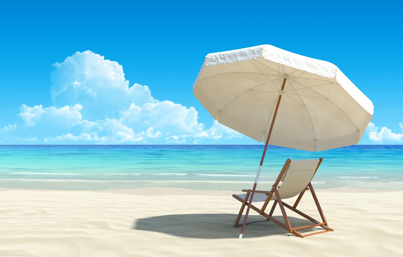 Photo wallpaper sea, beach, umbrella, chair