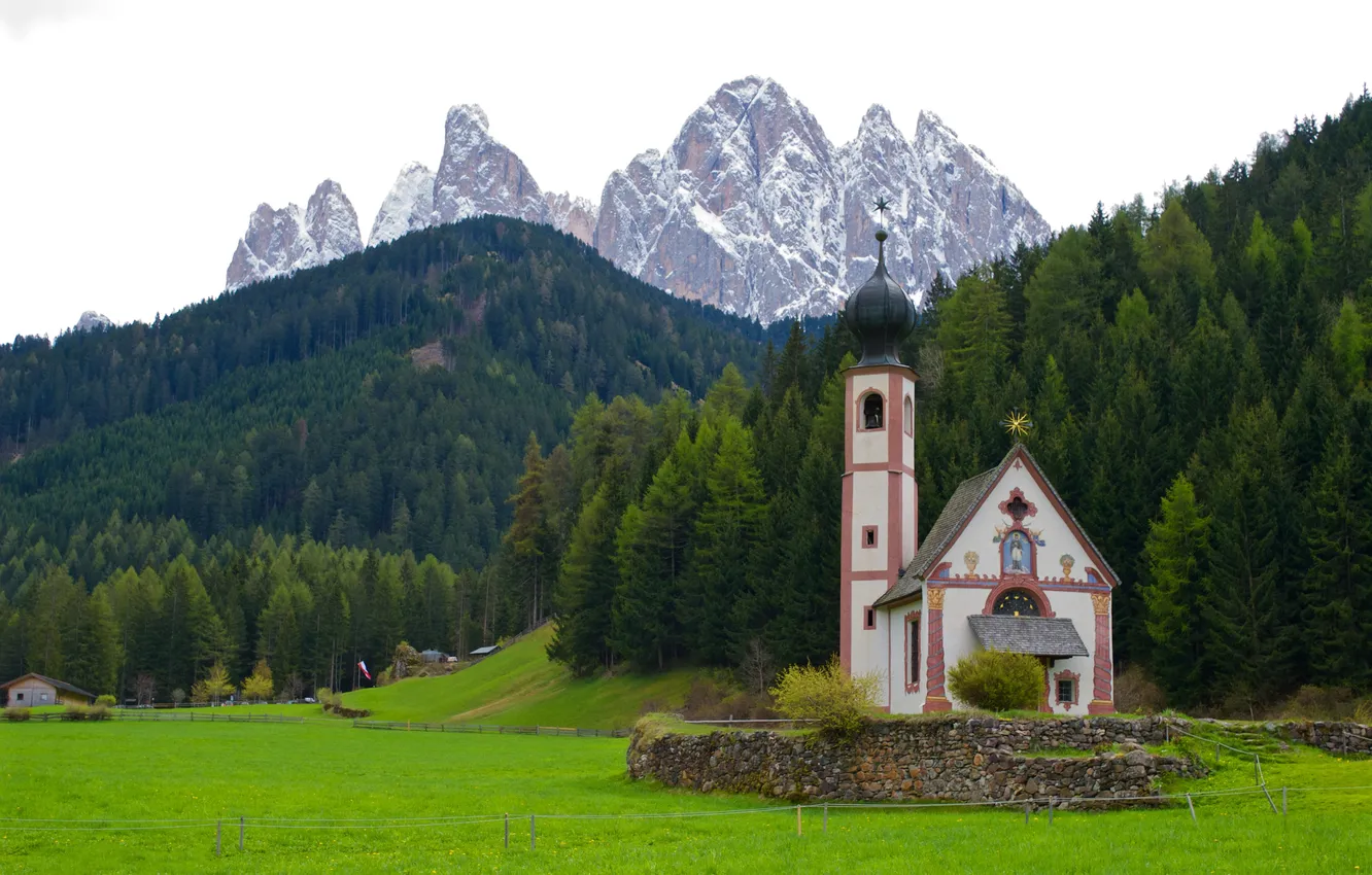 Photo wallpaper field, forest, mountains, Alps, Church