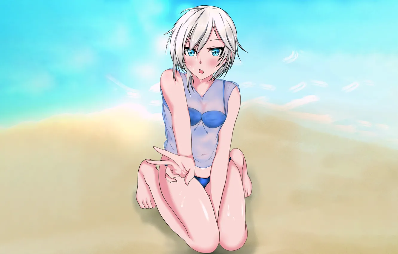 Photo wallpaper girl, sexy, wet, Anastasia, beach, sea, anime, blue eyes