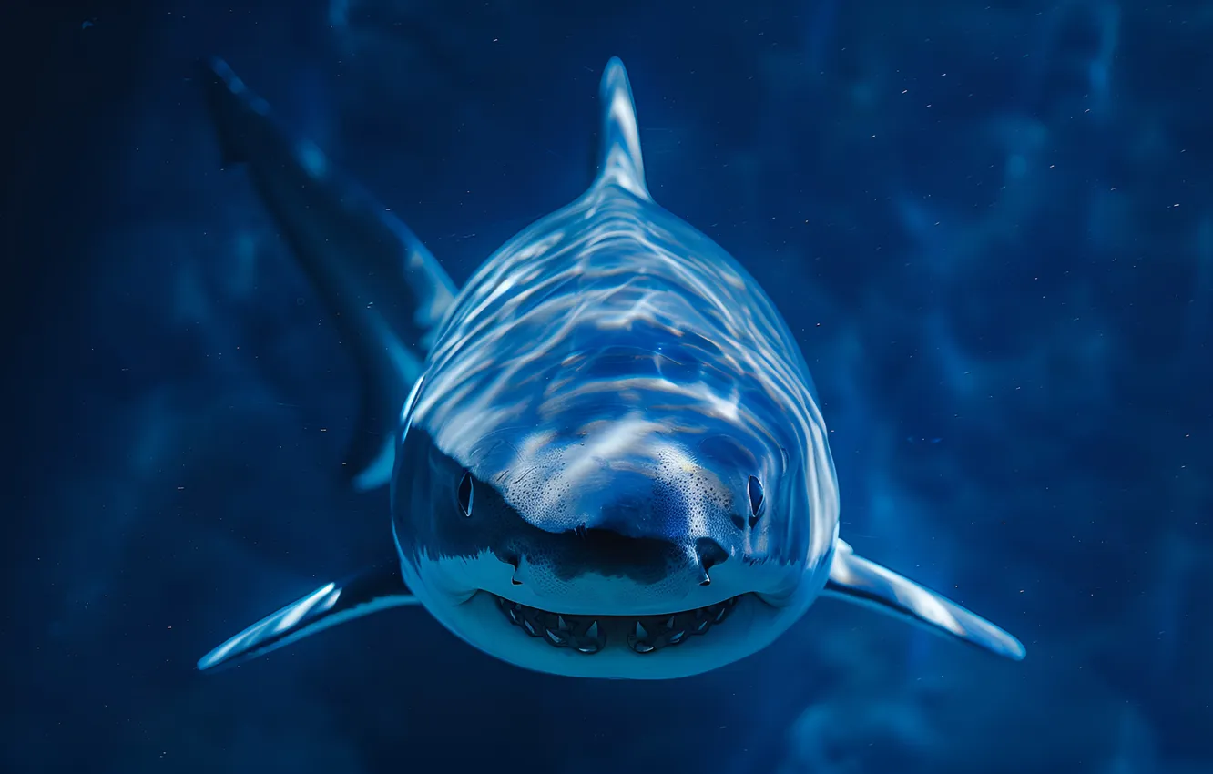 Photo wallpaper predator, shark, underwater world, front, digital art, AI art, The Art of Artificial Intelligence, neural …