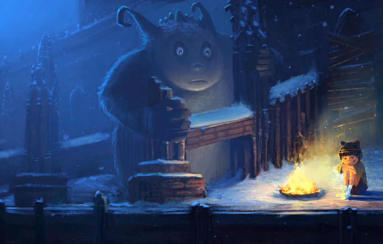 Photo wallpaper cold, winter, snow, night, children, loneliness, castle, monster