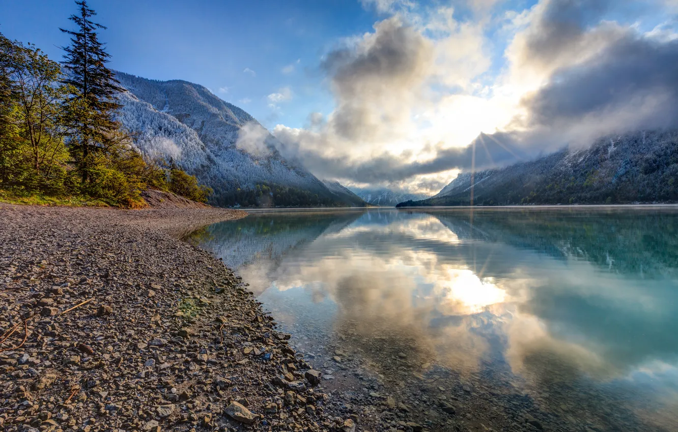 Photo wallpaper mountains, clouds, river, stones, shore, Austria, the rays of the sun, Tirol