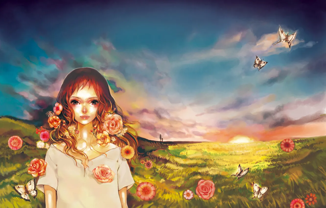 Photo wallpaper field, summer, the sky, girl, butterfly, flowers, dawn, hair