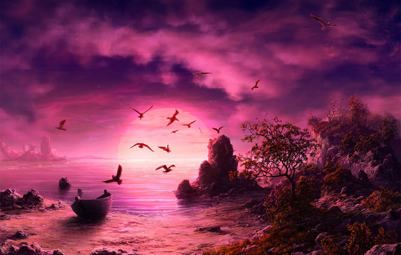 Photo wallpaper sea, sunset, seagulls