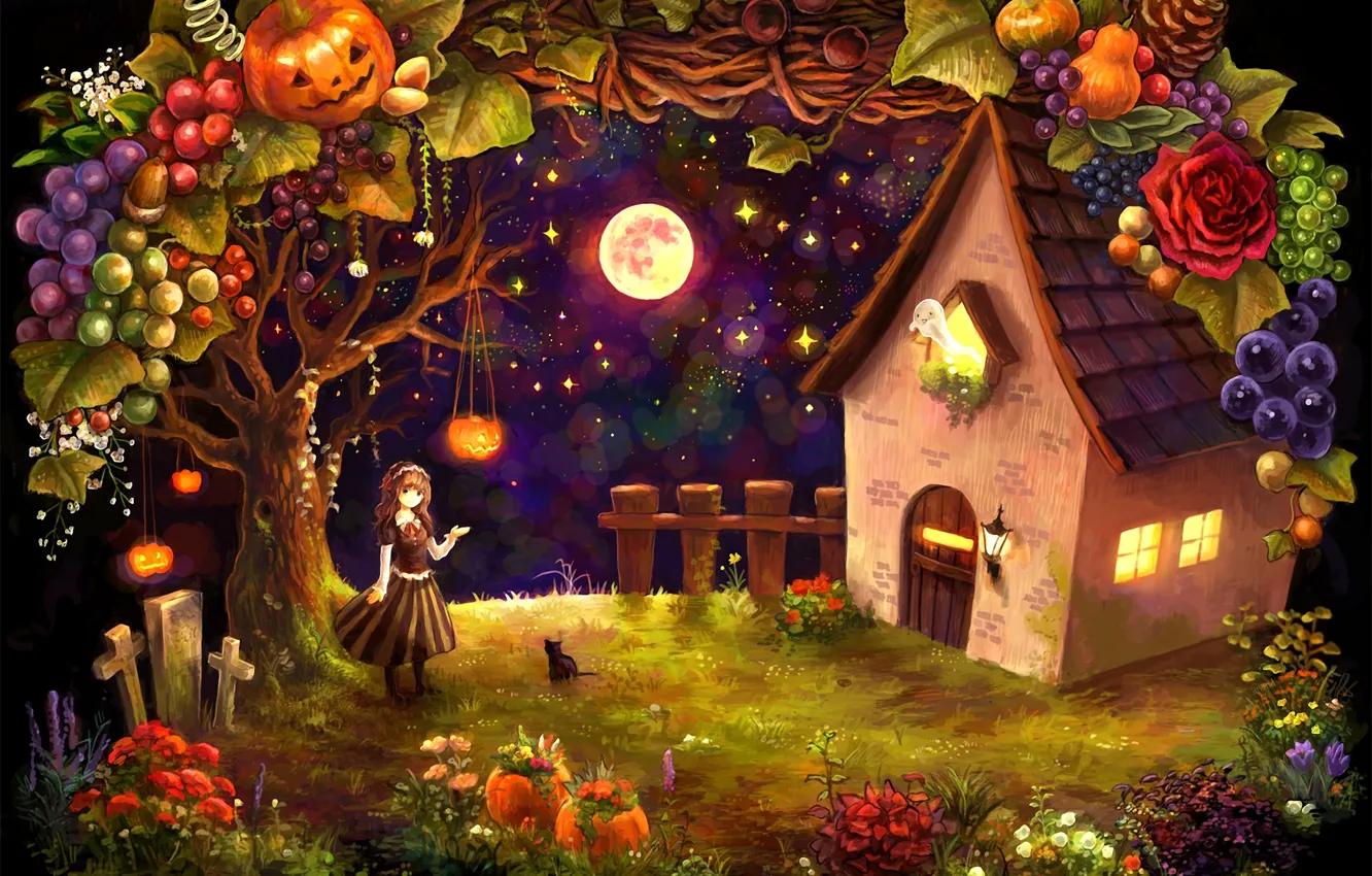 Photo wallpaper cat, cat, stars, night, house, the moon, crosses, harvest