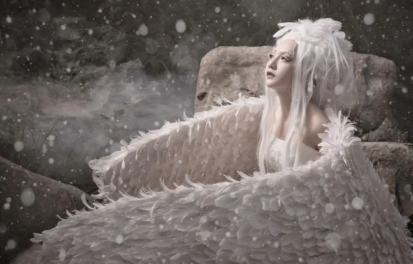 Photo wallpaper girl, snow, style, bird, wings, feathers, Asian