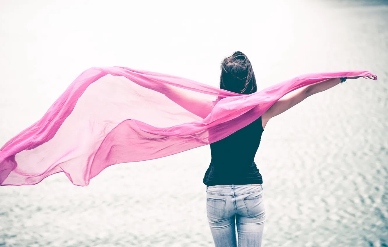 Photo wallpaper sea, girl, mood, scarf