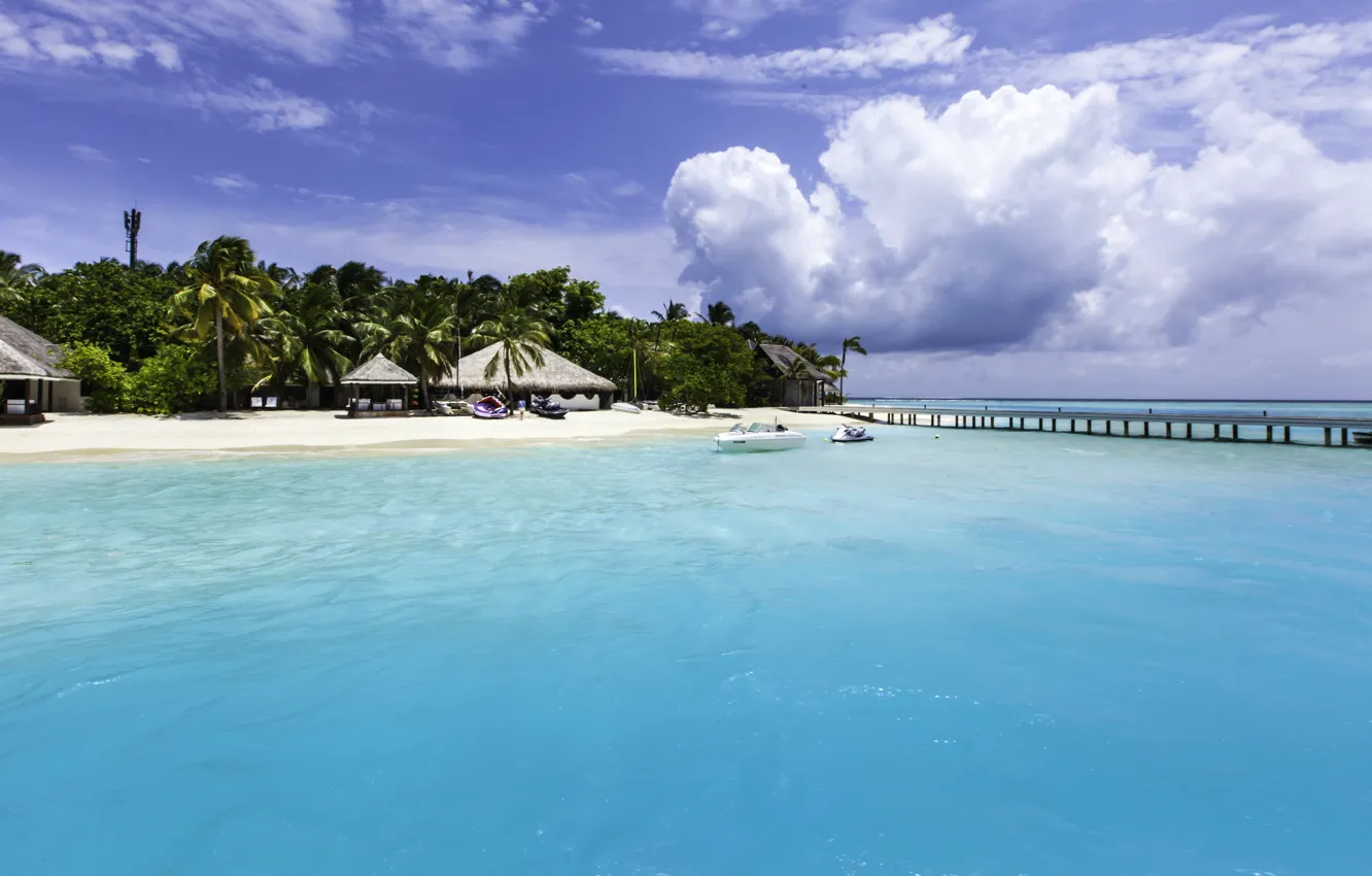 Photo wallpaper beach, ocean, boat, white sand, fantastic Maldives