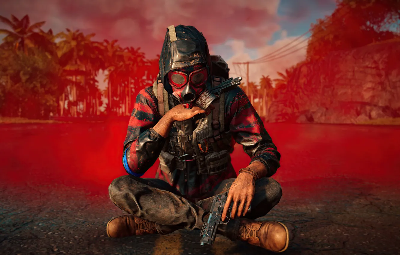 Photo wallpaper gun, the game, gas mask, male, game, Ubisoft, shooter, Far Cry 6