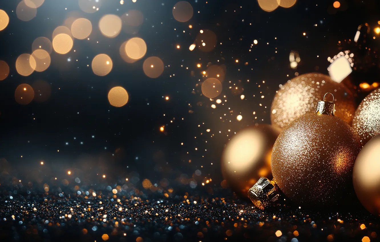 Photo wallpaper balls, lights, the dark background, Shine, sequins, Christmas, New year, snowfall