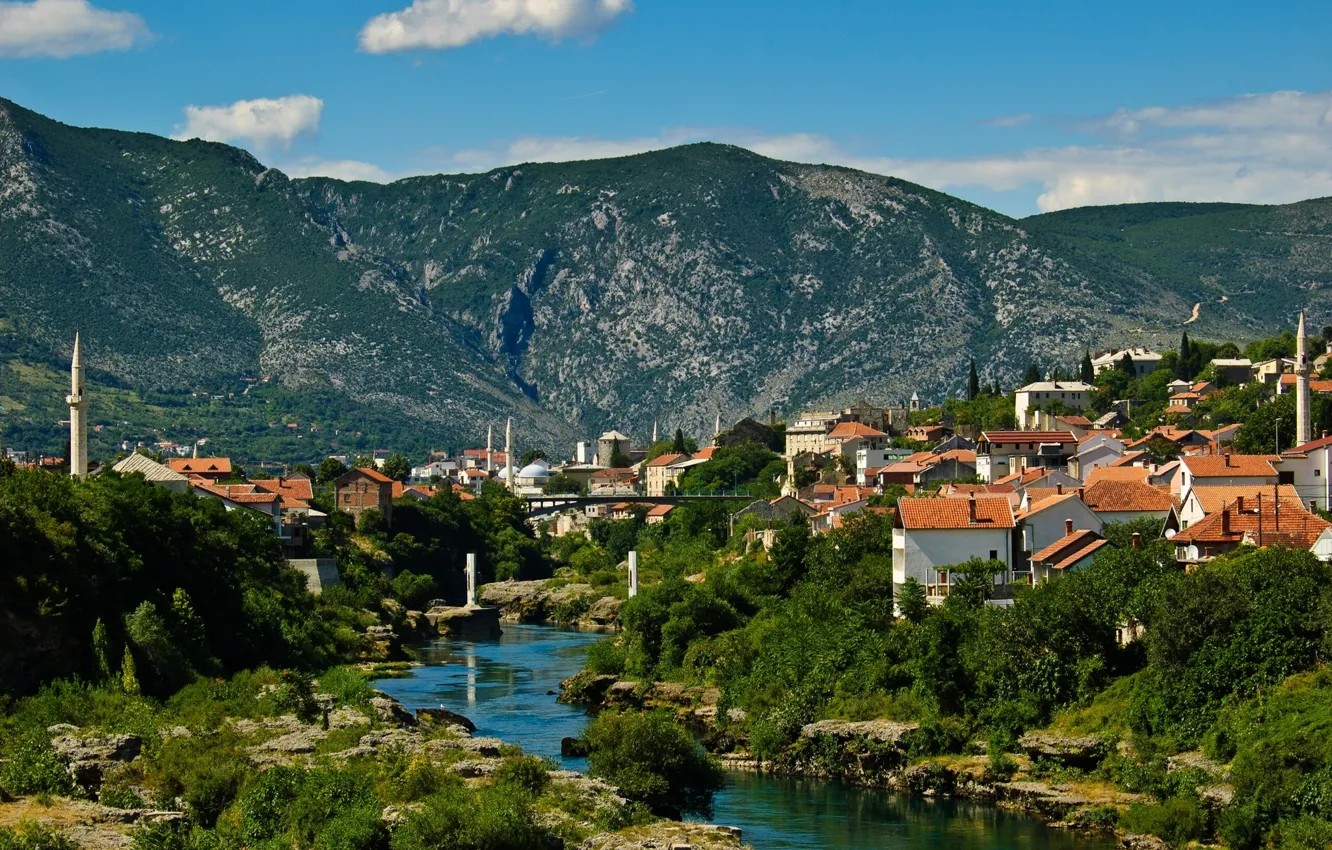 Photo wallpaper landscape, mountains, building, Bosnia and Herzegovina, Mostar, the Neretva river, Mostar, Neretva River
