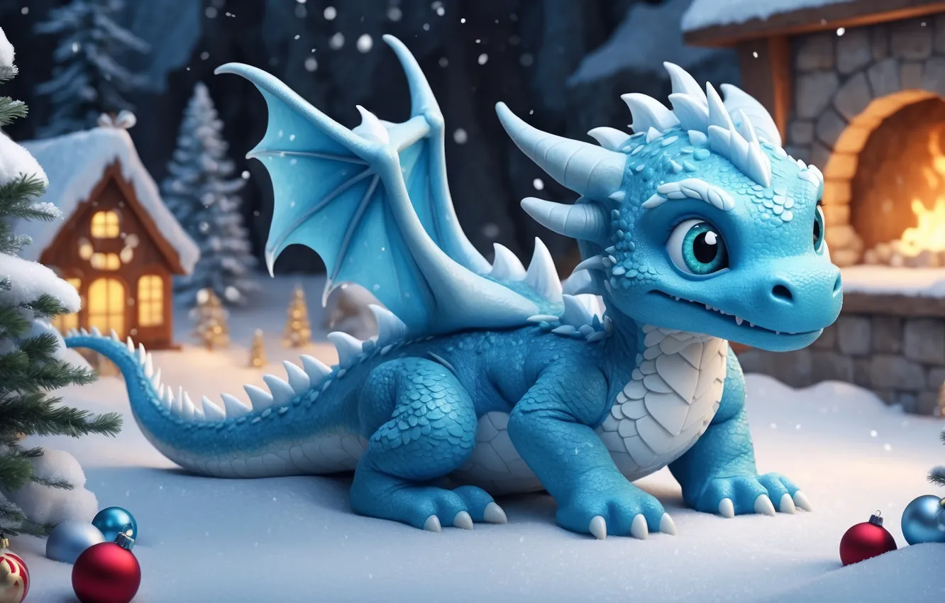 Photo wallpaper winter, snow, nature, dragon, new year, Christmas, dragon, snow