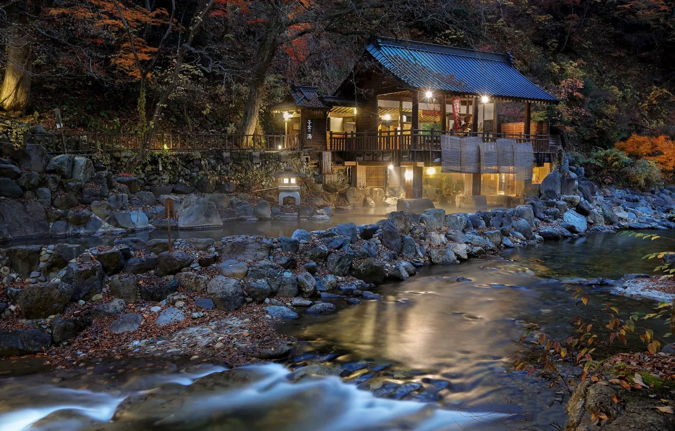Photo wallpaper lights, lake, structure