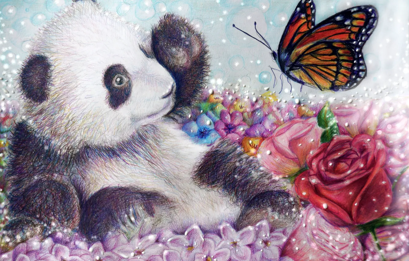 Photo wallpaper flowers, butterfly, rose, bear, art, Panda