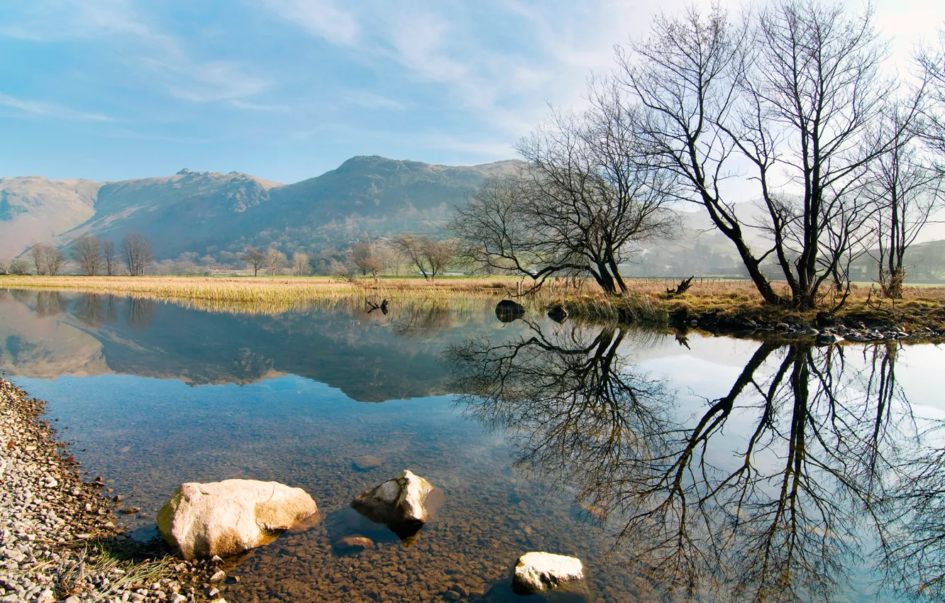 Photo wallpaper trees, mountains, nature, reflection, river, stones, hills, spring