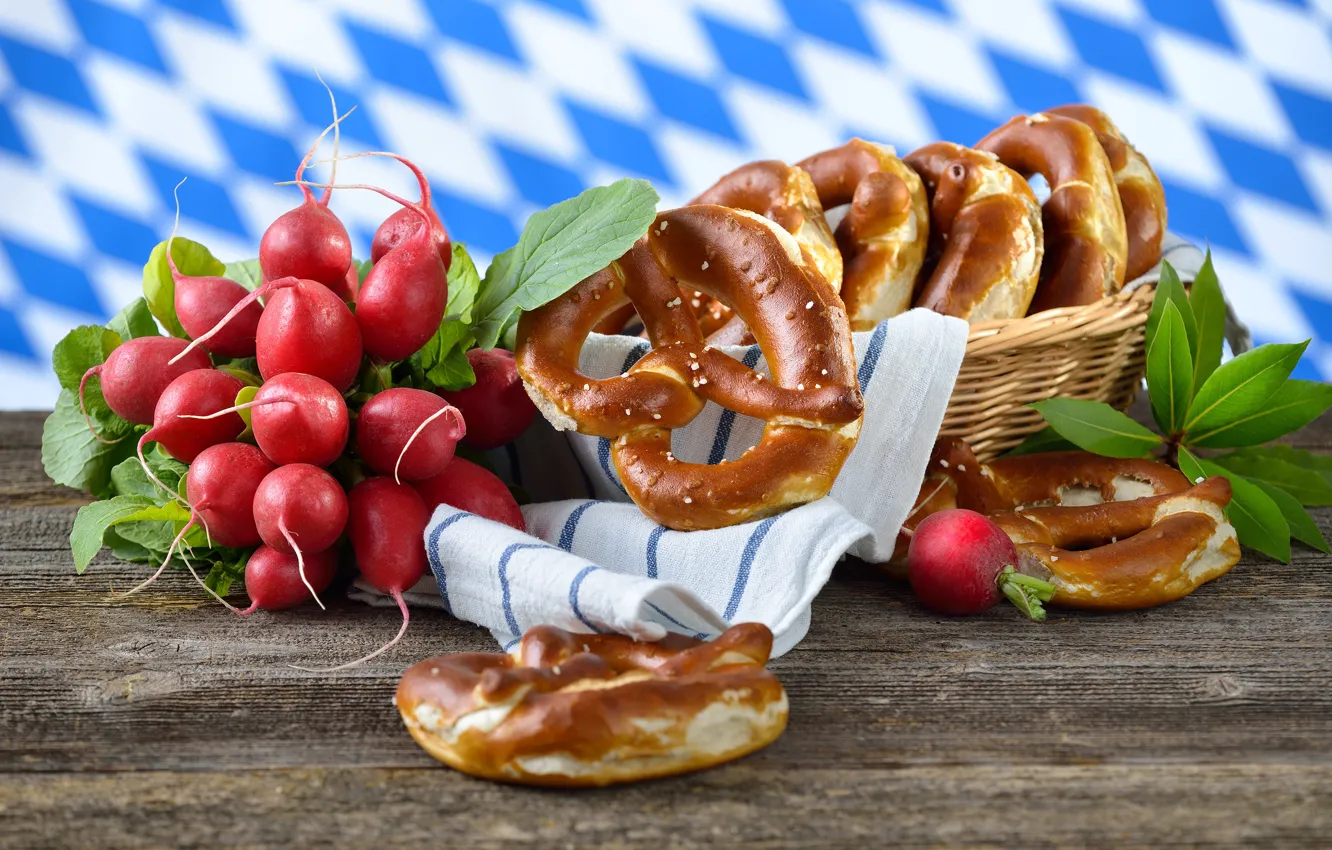 Photo wallpaper basket, buns, vegetables, radishes, pretzel