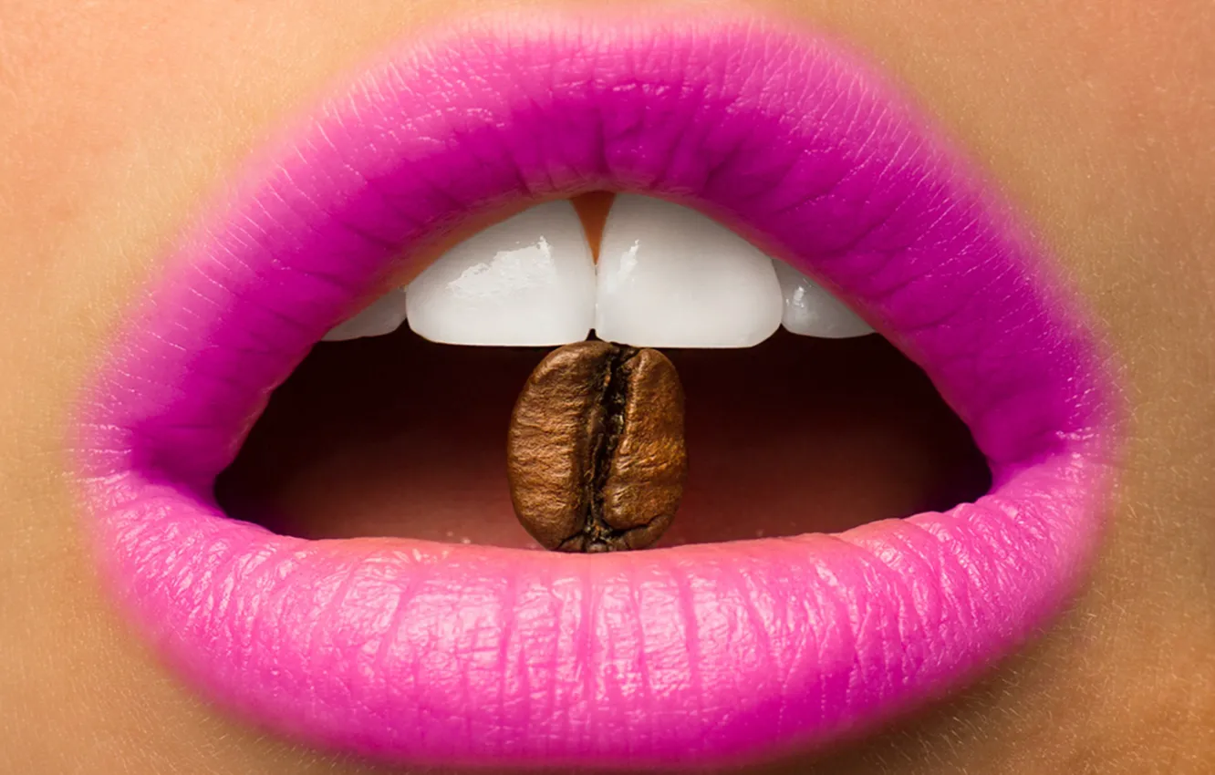 Photo wallpaper coffee, grain, teeth, mouth, lipstick, lips