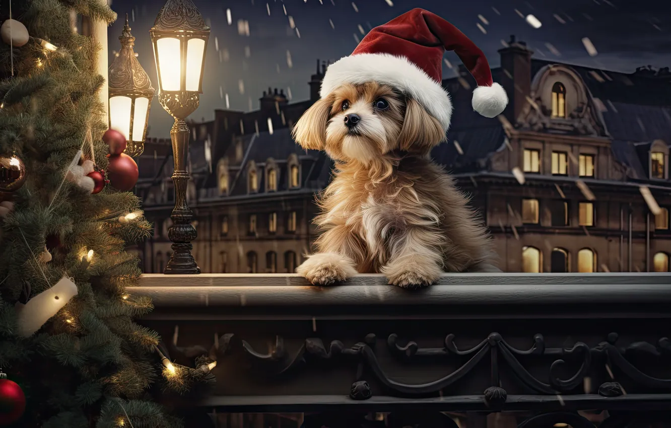 Photo wallpaper look, lights, dog, Christmas, New year, face, bokeh, Christmas decorations