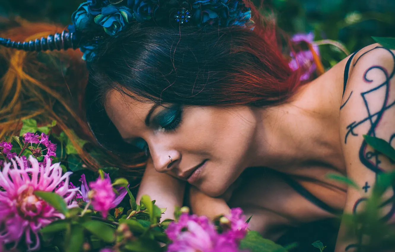 Photo wallpaper girl, flowers, sleep, makeup, tattoo, sleeping, wreath, Saevitia Lunae