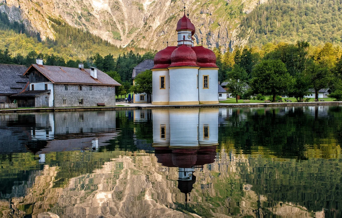 Photo wallpaper lake, reflection, Germany, Bayern, Germany, Bavaria, The Church Of St. Bartholomew, St Bartholomae