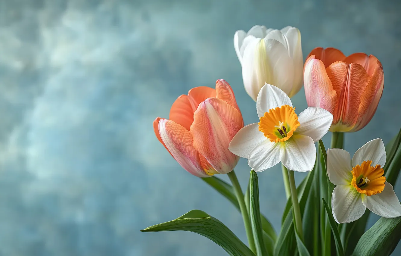 Photo wallpaper flowers, orange, holiday, bouquet, spring, tulips, white, buds