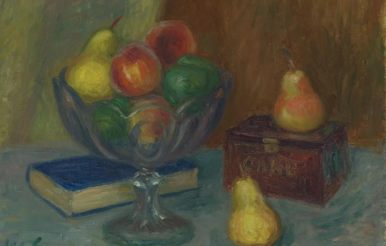Photo wallpaper picture, book, vase, fruit, William Glackens, William James Glackens, Still life with Japanese Box