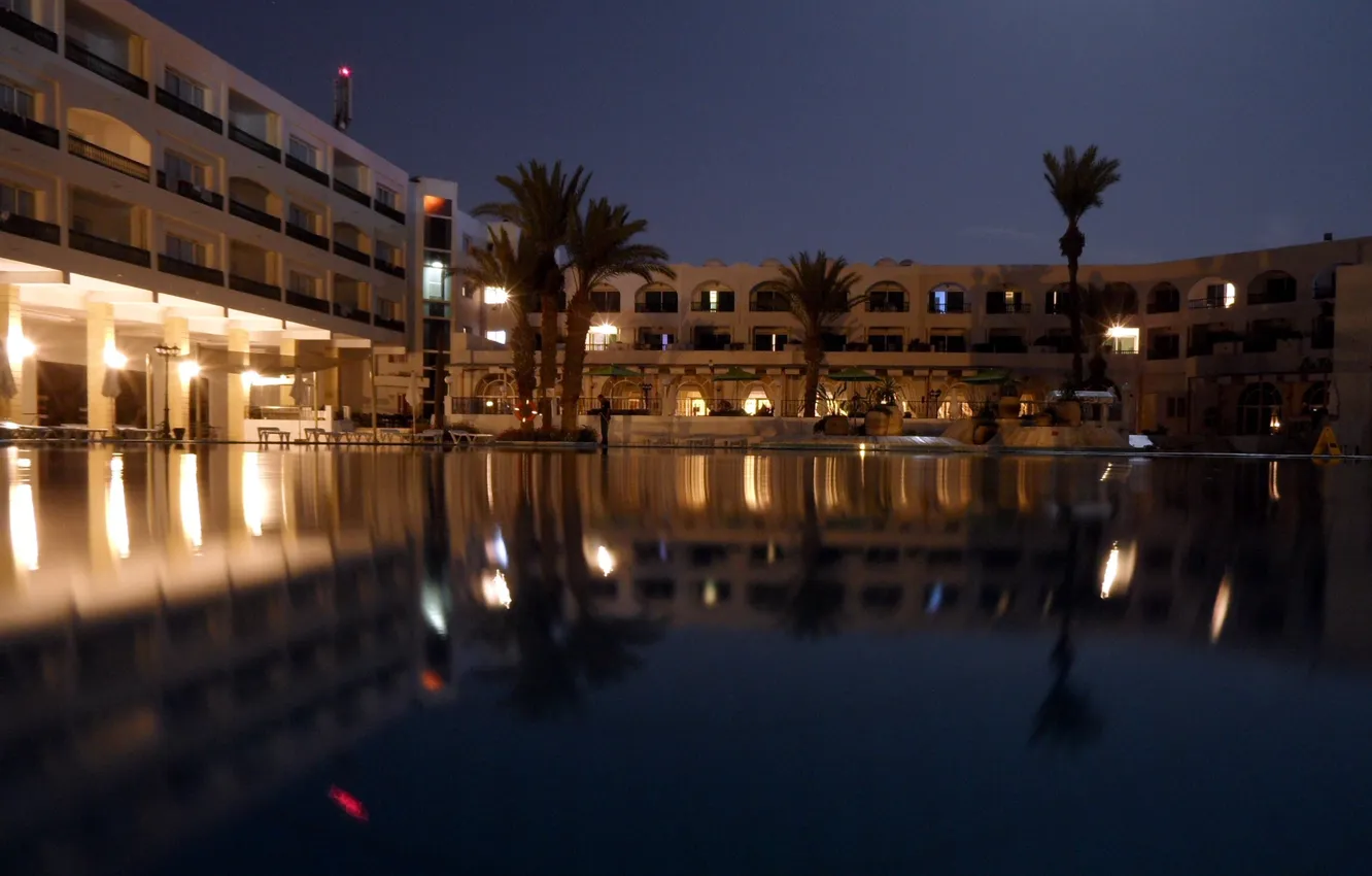 Photo wallpaper water, night, lights, palm trees, resort, Tunisia
