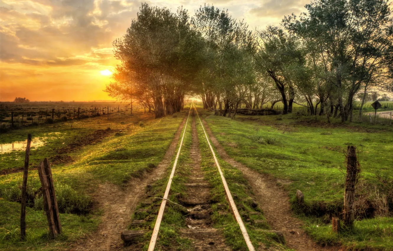 Photo wallpaper landscape, sunset, railroad