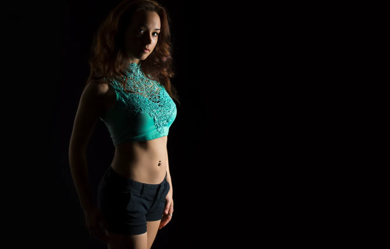 Photo wallpaper look, pose, piercing, belly, shorts, topic, black background, Jessica