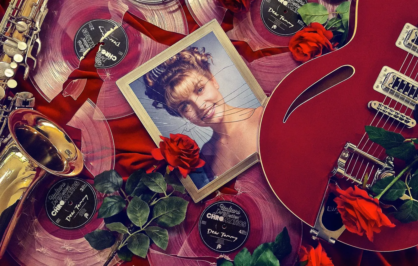 Photo wallpaper girl, flowers, cracked, guitar, portrait, roses, vinyl, record