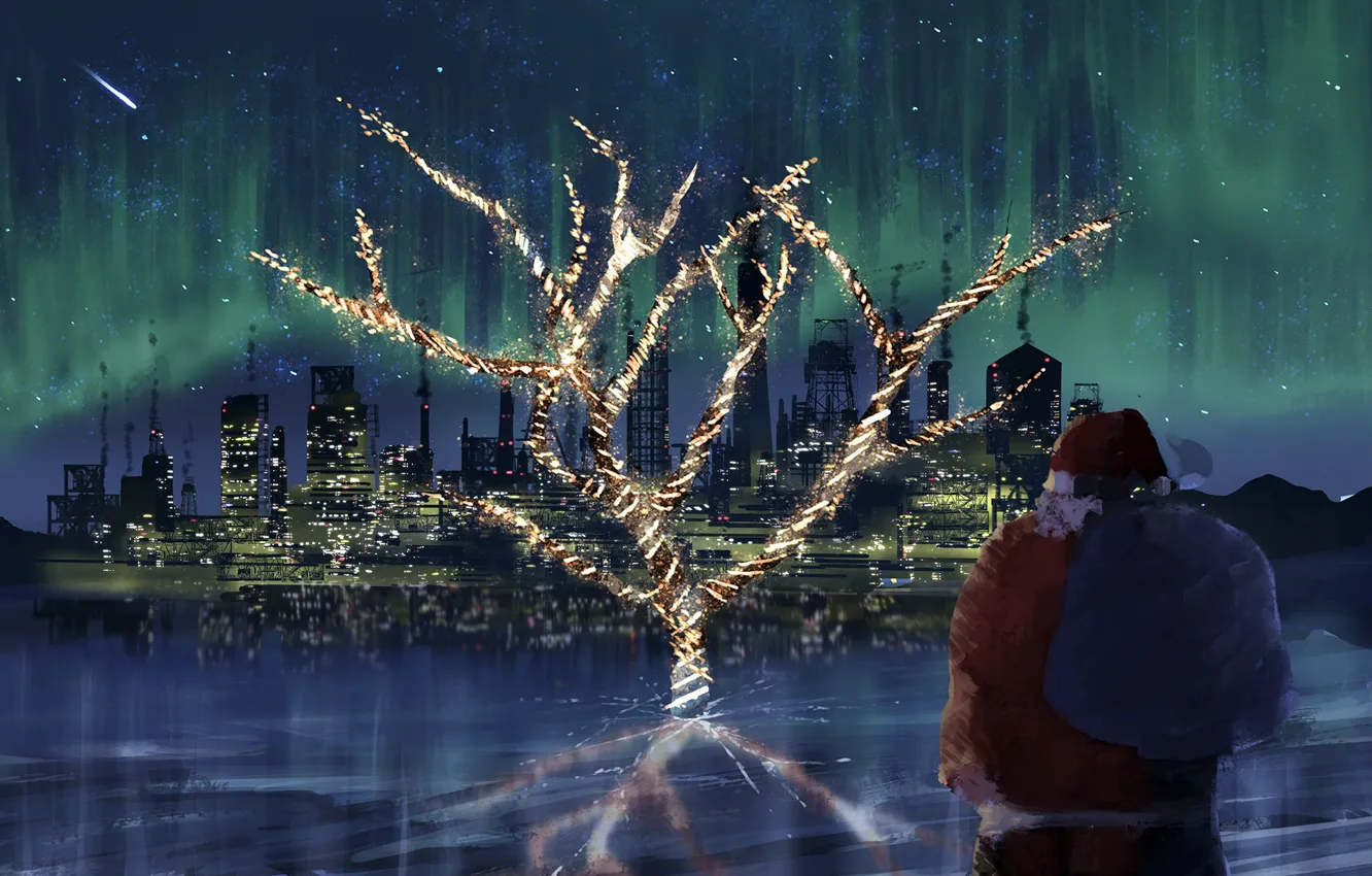 Photo wallpaper night, the city, tree, Christmas, Santa Claus