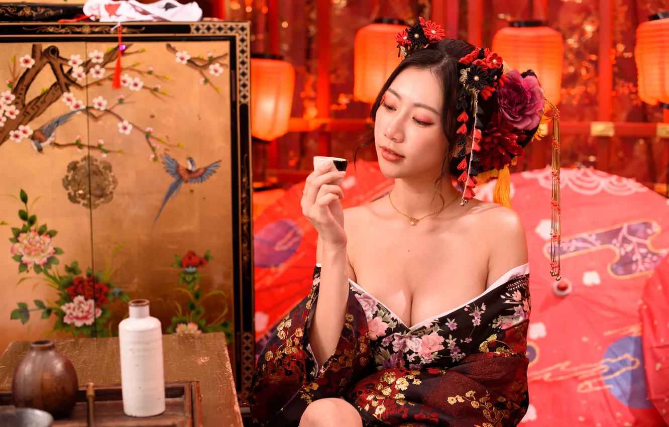Photo wallpaper girl, kimono, Asian, sake