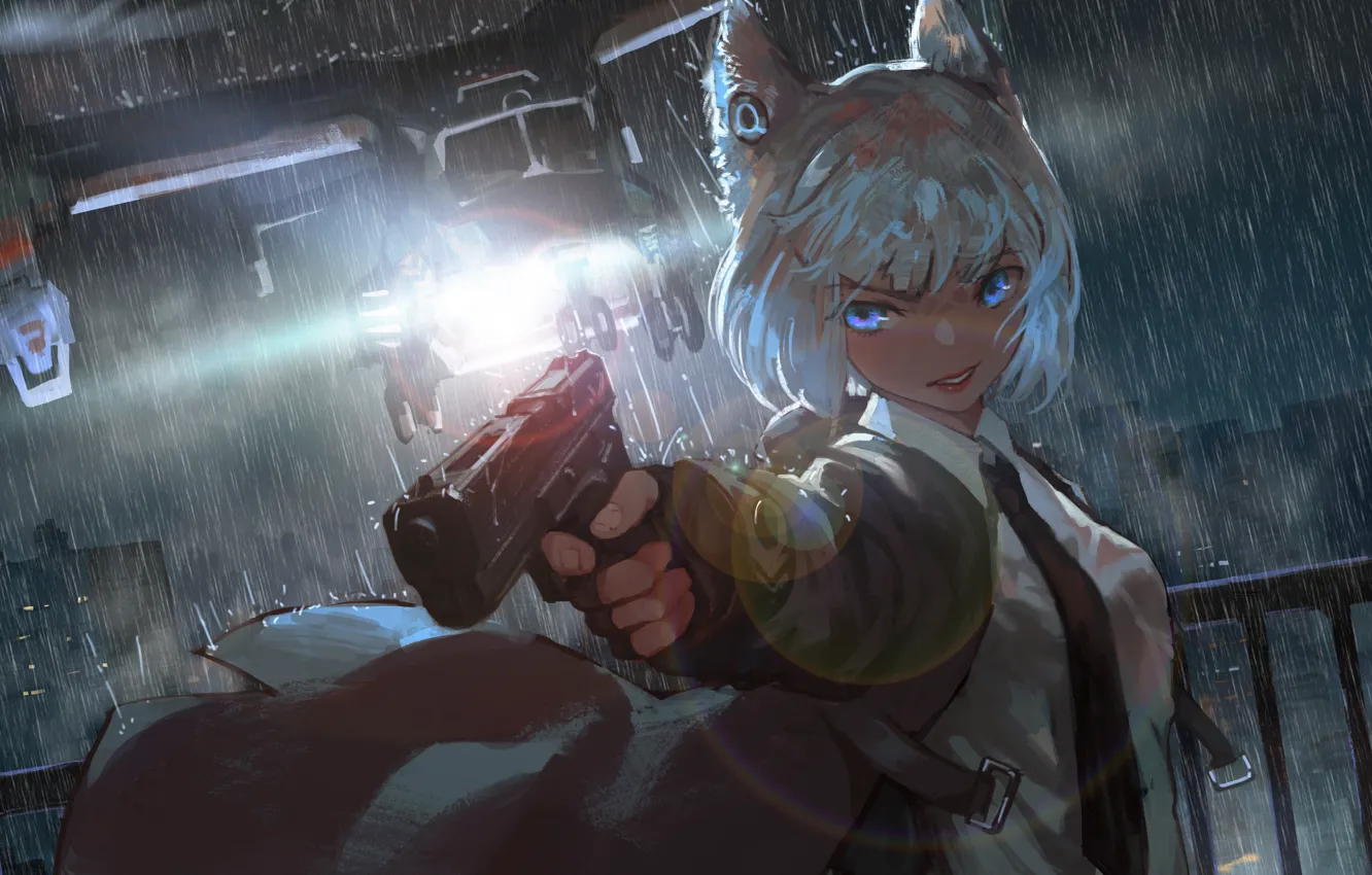 Photo wallpaper girl, gun, rain