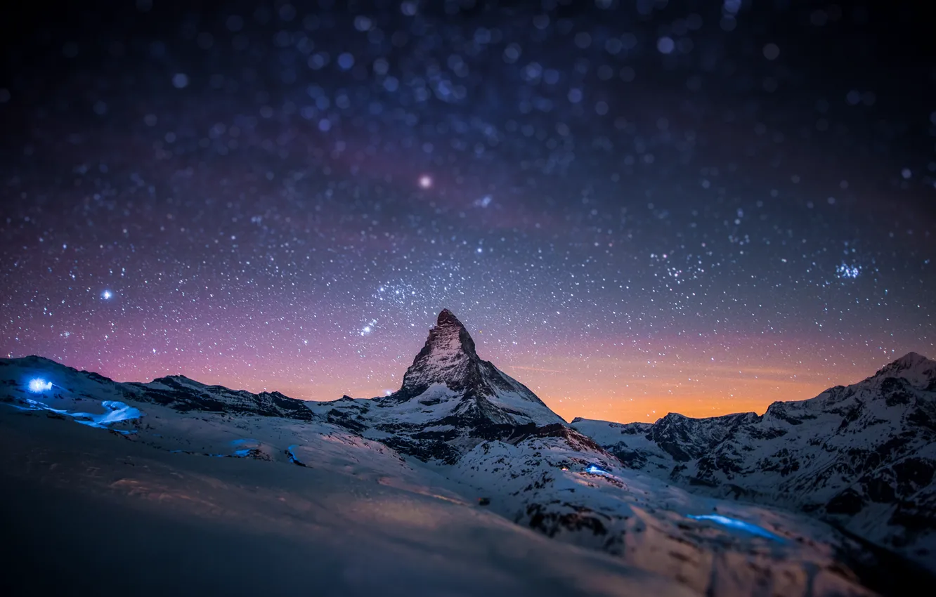 Photo wallpaper stars, snow, mountains, night, rock, glare, rocks, mountain