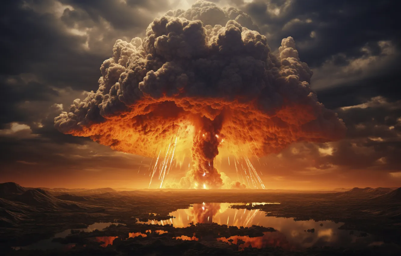 Photo wallpaper clouds, the explosion, mushrooms, puddle, a nuclear explosion, digital art, nuclear weapons, AI art
