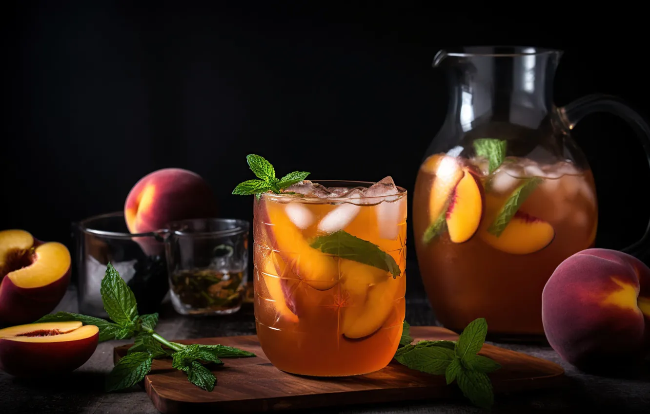 Photo wallpaper ice, glass, juice, drink, pitcher, peaches, compote, digital art