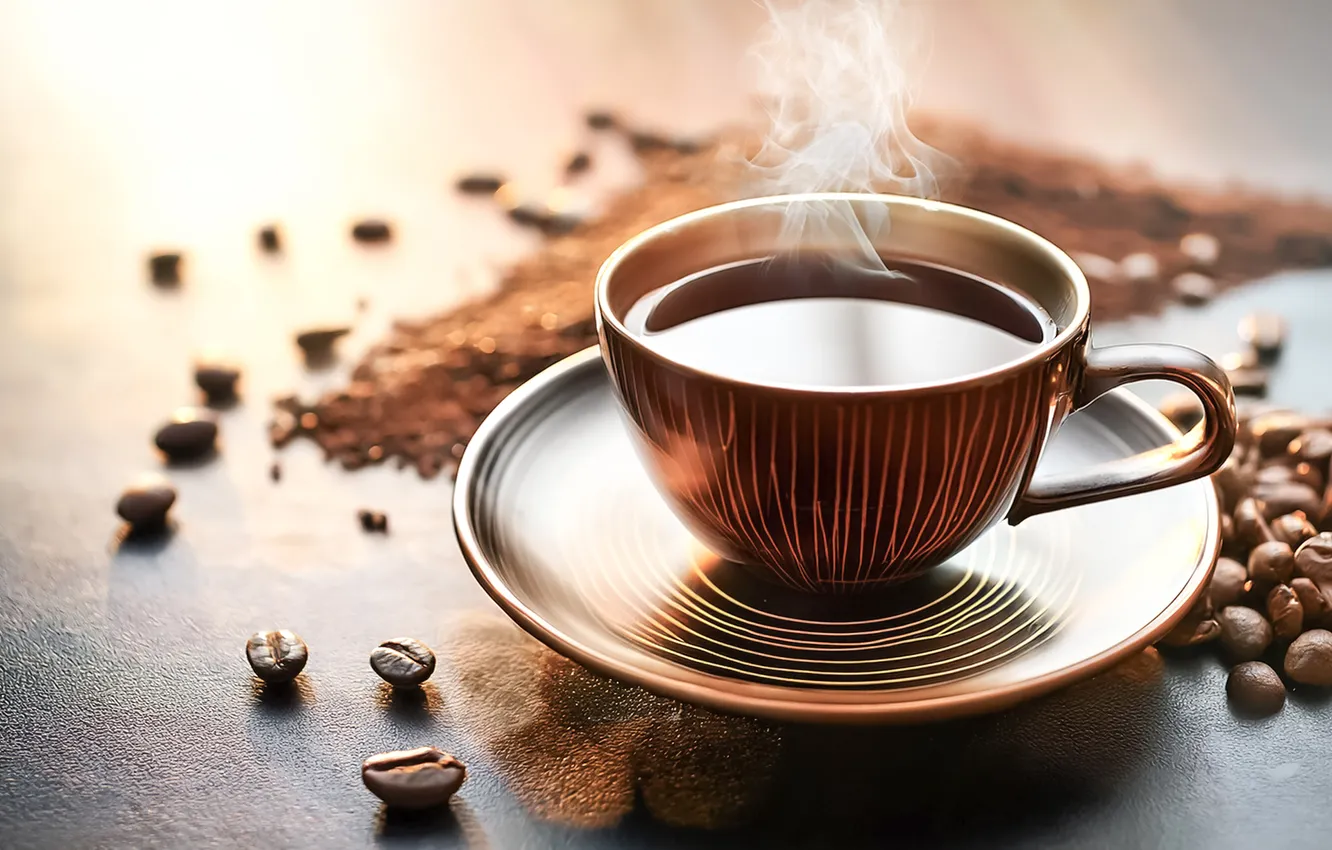 Photo wallpaper light, table, coffee, hot, pair, Cup, coffee beans, saucer