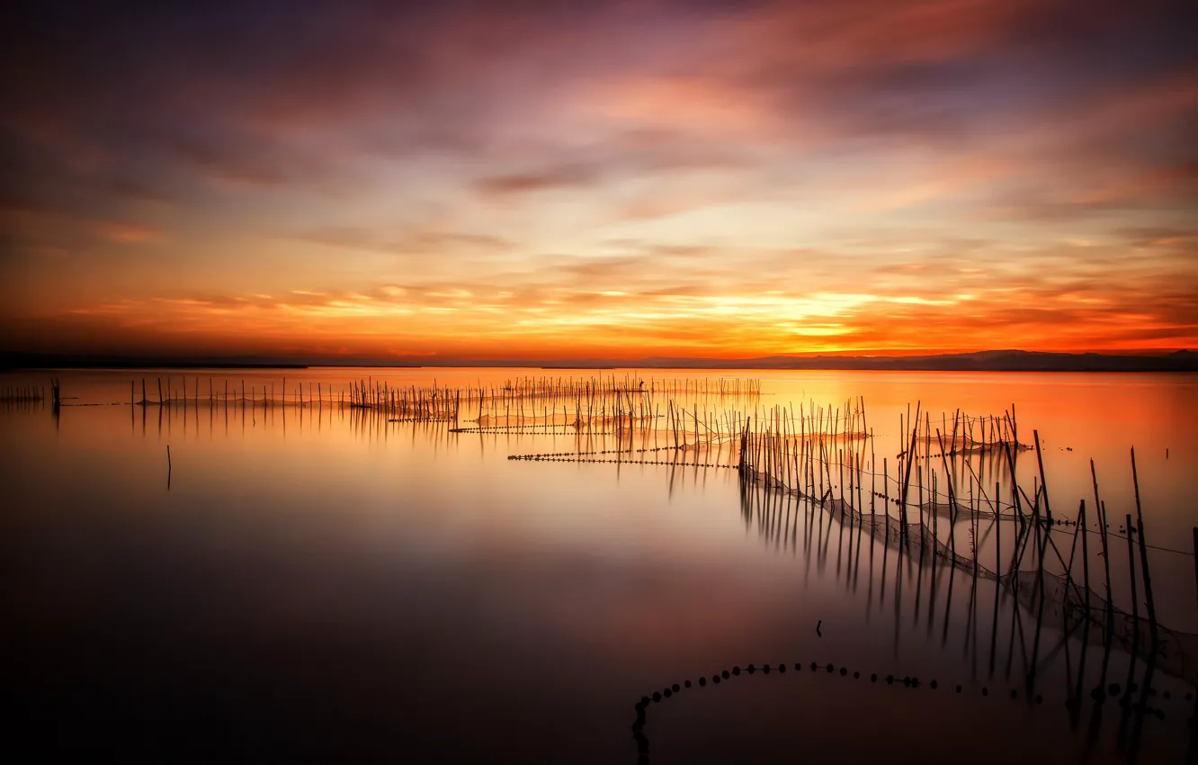 Photo wallpaper twilight, sunset, lake, evening, dusk, reflection, fishing net