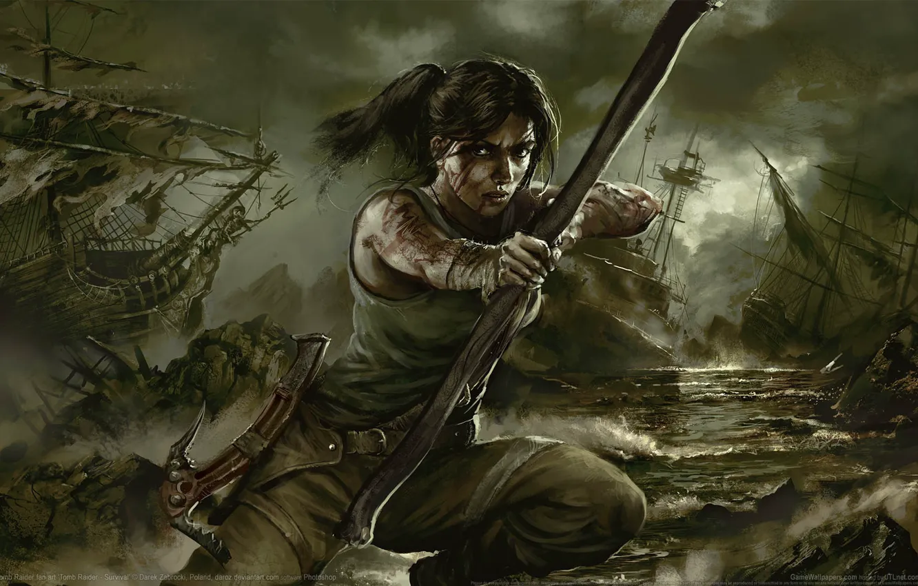 Photo wallpaper weapons, ships, bow, Tomb Raider, Lara Croft, arrows, game wallpapers, Lara Croft