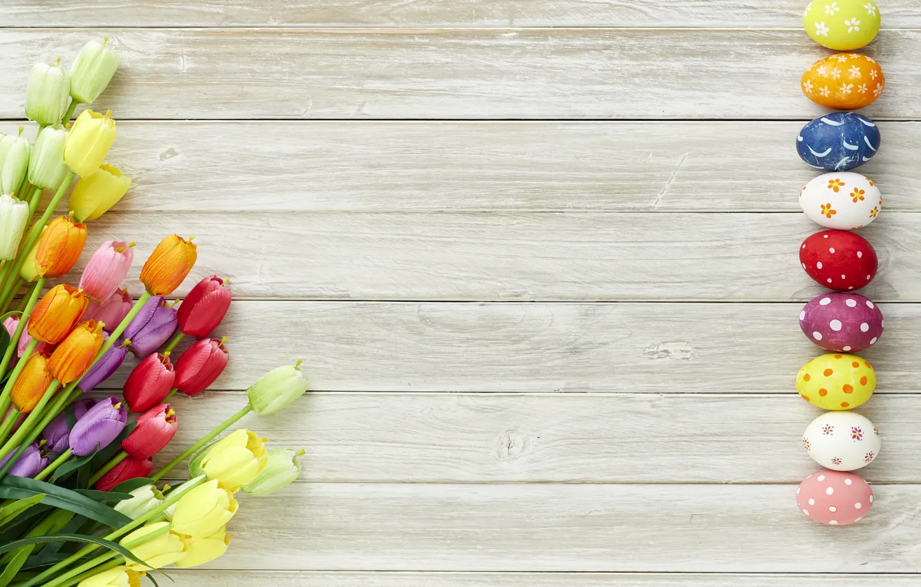 Photo wallpaper flowers, eggs, spring, colorful, Easter, tulips, wood, flowers