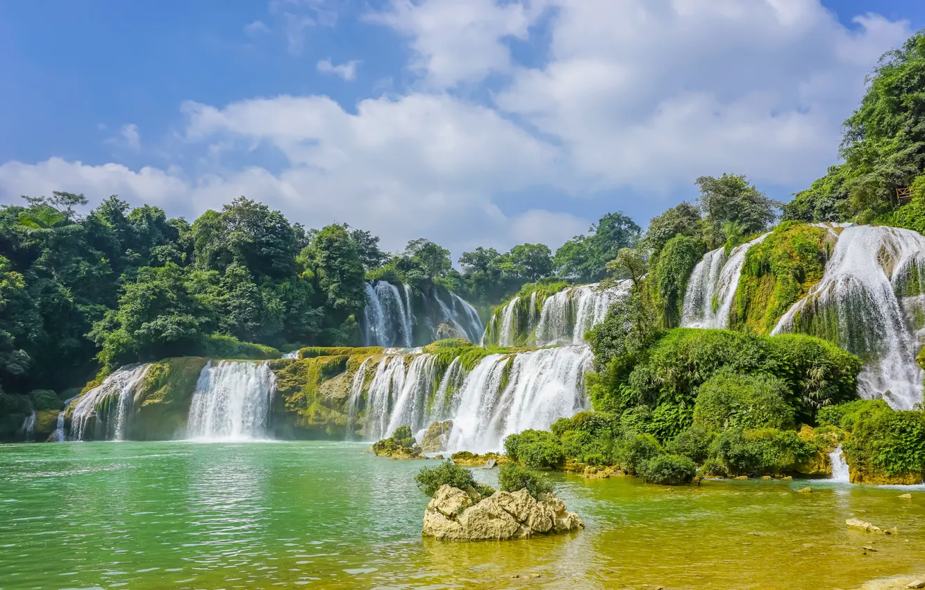 Photo wallpaper summer, clouds, trees, blue, stones, rocks, shore, waterfall