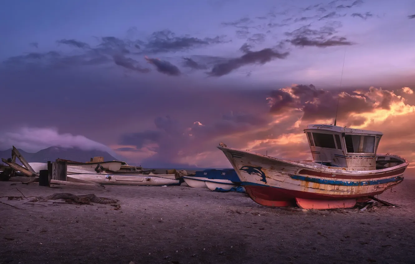 Photo wallpaper sunset, shore, boat, Andalusia, Almeria, The Cape of Gata