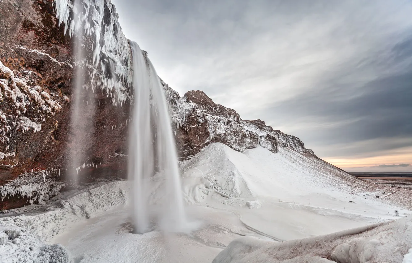 Photo wallpaper winter, mountains, waterfall