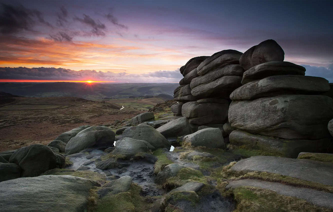 Photo wallpaper the sun, stones, dawn, valley