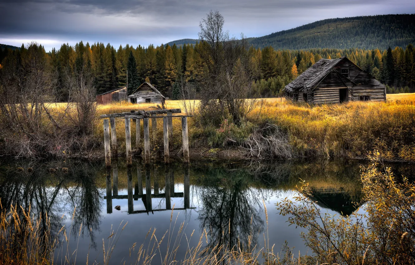 Photo wallpaper landscape, nature, river, houses