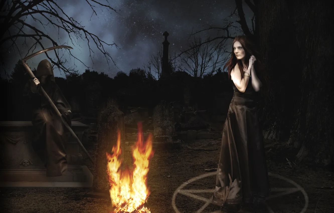 Photo wallpaper Girl, Night, The fire, Death, Braid, Cemetery, Pentagram