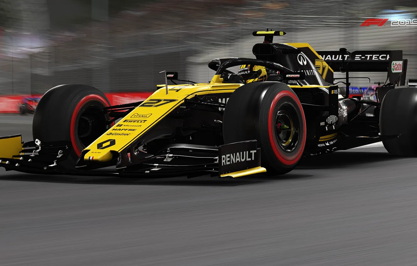 Photo wallpaper yellow, track, side view, racing car, F1 2019, Renault R.S.19